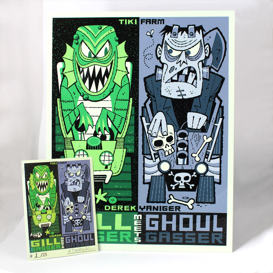 Gill Gasser & Ghoul Gasser Tiki Mugs & Metal Print Set