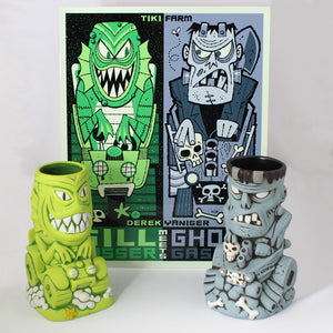 Gill Gasser & Ghoul Gasser Tiki Mugs & Metal Print Set